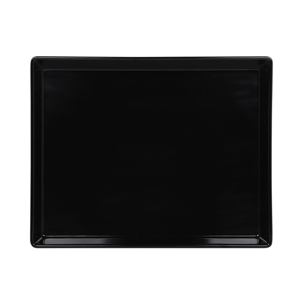 A black rectangular melamine bowl with a white background.