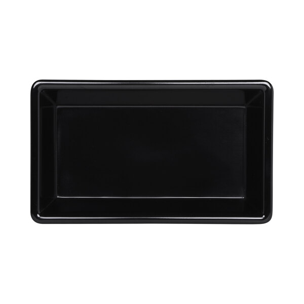 A black rectangular melamine bowl with a white border.