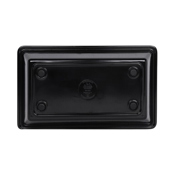 A black rectangular melamine bowl with a logo on it.