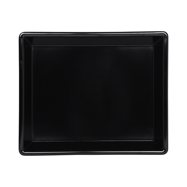 A black rectangular melamine bowl with a white background.