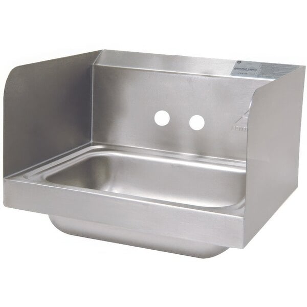 An Advance Tabco stainless steel hand sink with side splash guards and two holes.