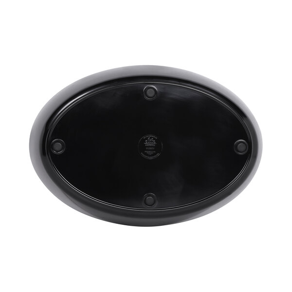 A black oval melamine bowl with white background.
