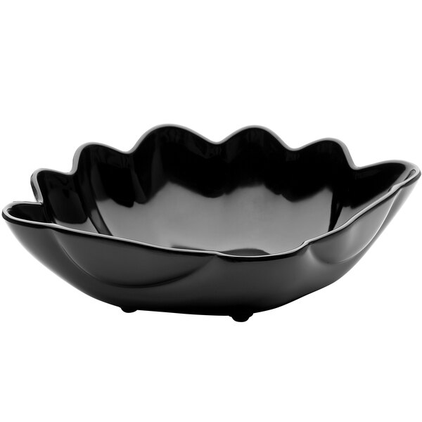A black Elite Global Solutions melamine bowl with a curved edge.