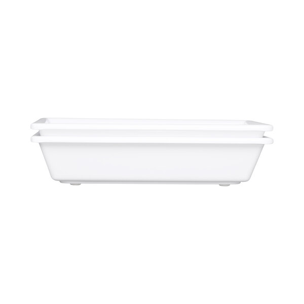 A white rectangular Elite Global Solutions melamine bowl with two compartments.