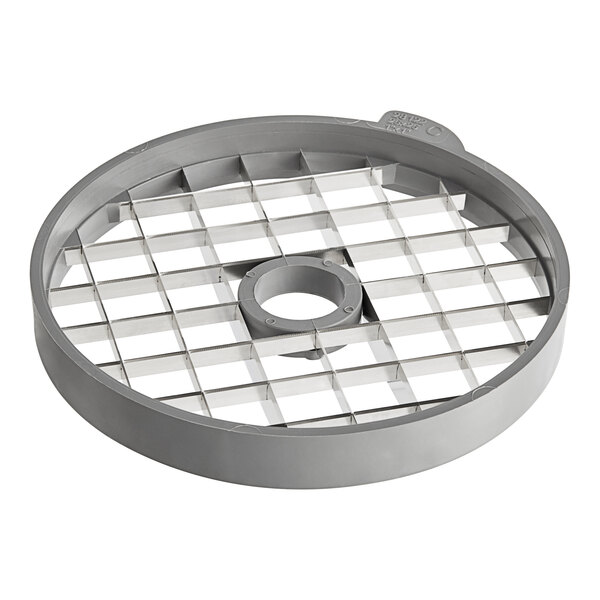 A grey circular Robot Coupe dicing grid with a white grid.