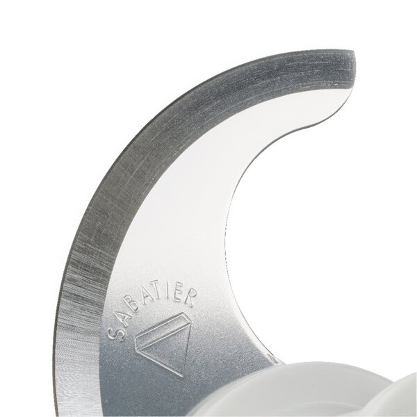 A close up of a Robot Coupe straight edge "S" blade.