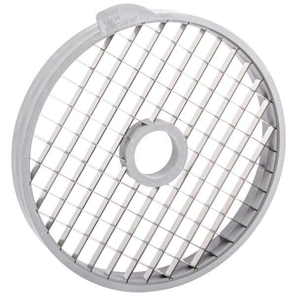A close-up of a circular Robot Coupe dicing grid with grids.