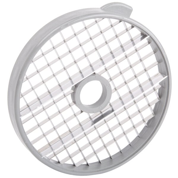 A white circular Robot Coupe dicing grid with smaller grids inside.