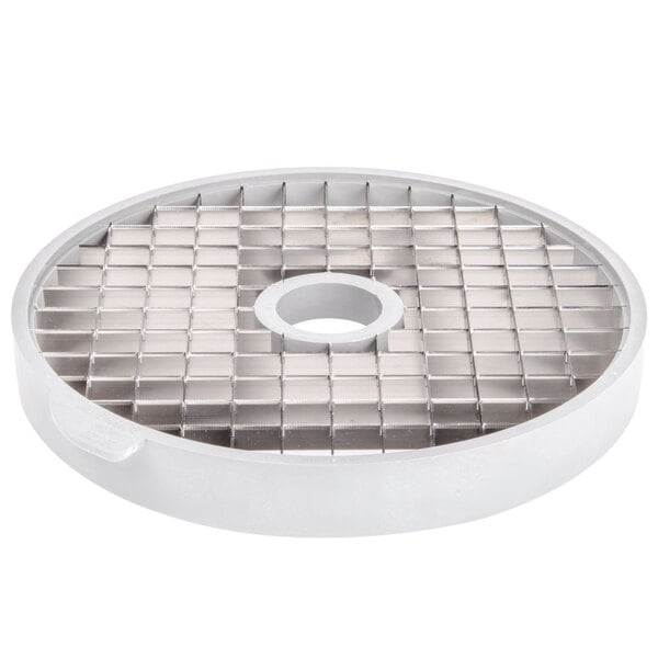 A white circular metal grid with holes.