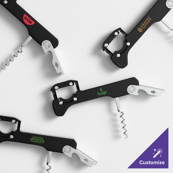 A set of black-handled customizable waiter's corkscrews with metal bottle openers and corkscrews.