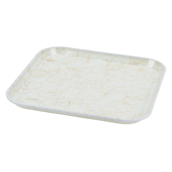 A white tray with a gold speckled texture.