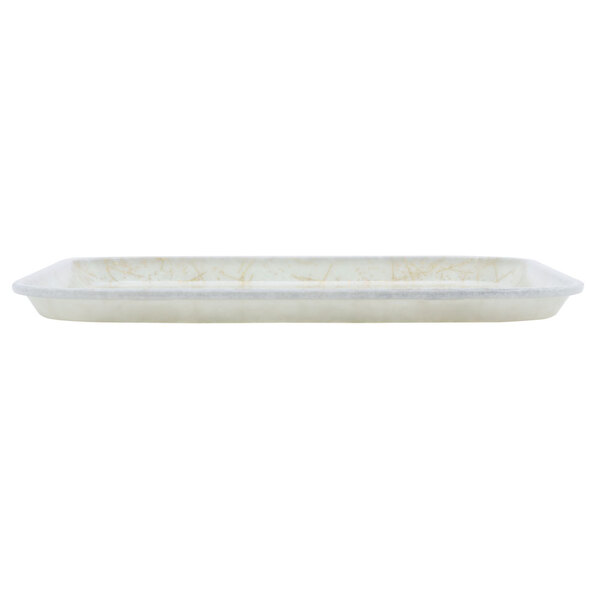 A white rectangular Cambro fiberglass tray with a white border.