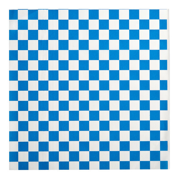 A square sheet of deli sandwich wrap paper with a blue and white checkered pattern.