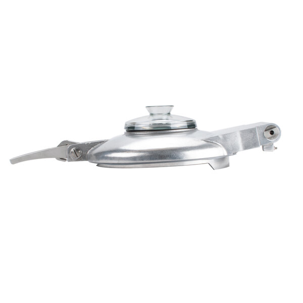 A silver metal lid for a Robot Coupe food processor.
