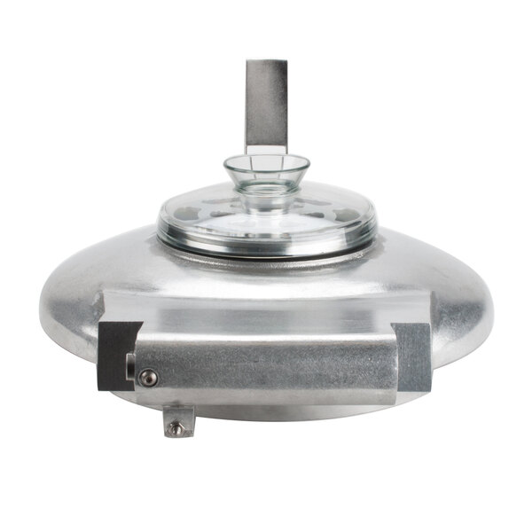 A silver metal lid with a glass cover for a Robot Coupe commercial food processor.