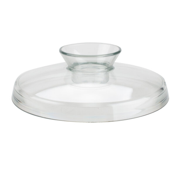 A clear glass lid with a small circular base on a white surface.