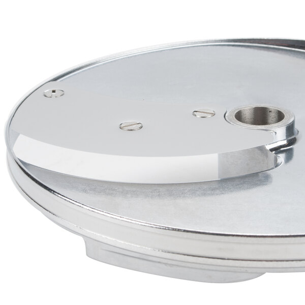 A circular stainless steel Robot Coupe French fry disc with a metal handle.