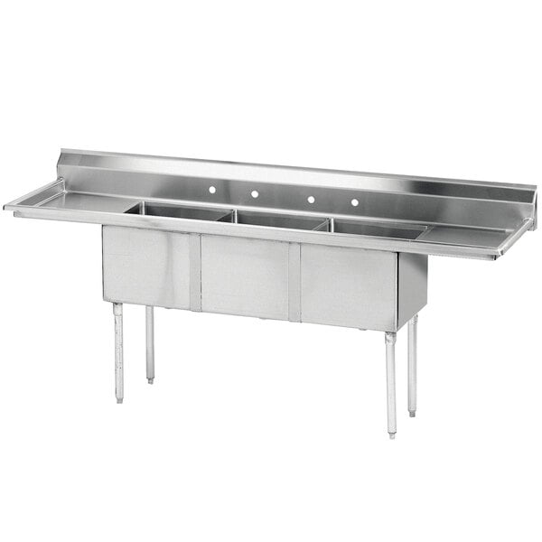 An Advance Tabco stainless steel 3-compartment sink with two drainboards.