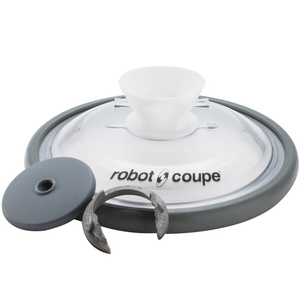 A Robot Coupe lid assembly with a grey seal on a white background.