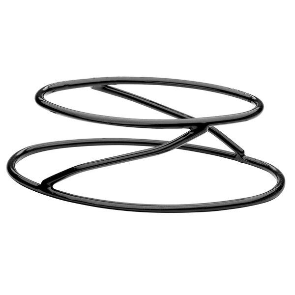 A black metal oval stand with a circular design on a white background.