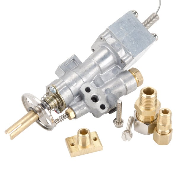 A Cooking Performance Group thermostatic control valve for a griddle with brass fittings and nuts.