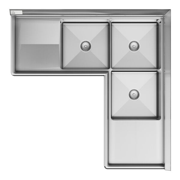 A stainless steel Advance Tabco three compartment commercial sink with drainboards.