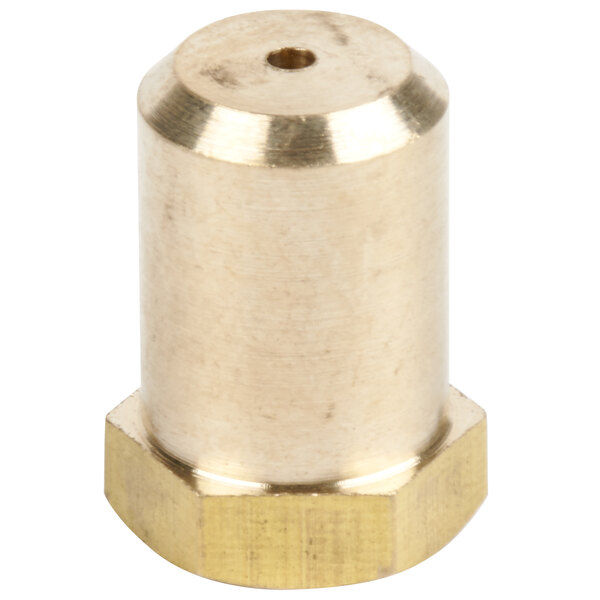 A brass threaded nut with a gold metal cylinder with a hole.
