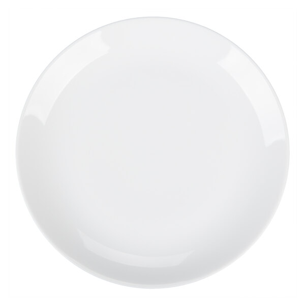 A plain white porcelain plate with a round coupe design.