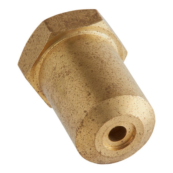 A brass threaded nut with a hole.