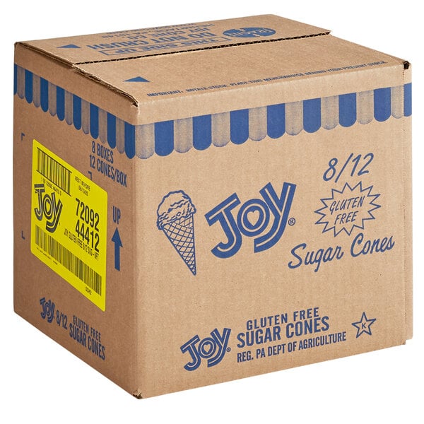 A brown box with blue and white stripes containing 96 JOY gluten-free sugar cones.