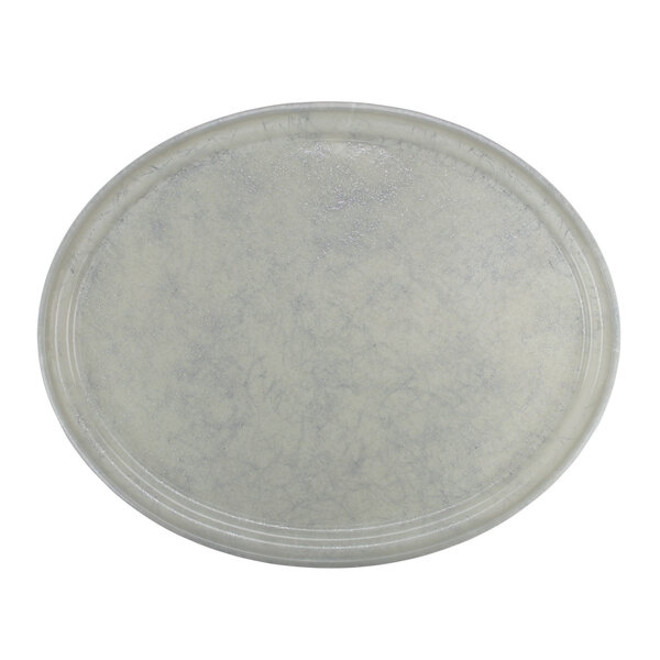 A white oval Cambro Camtray with a gray rim.