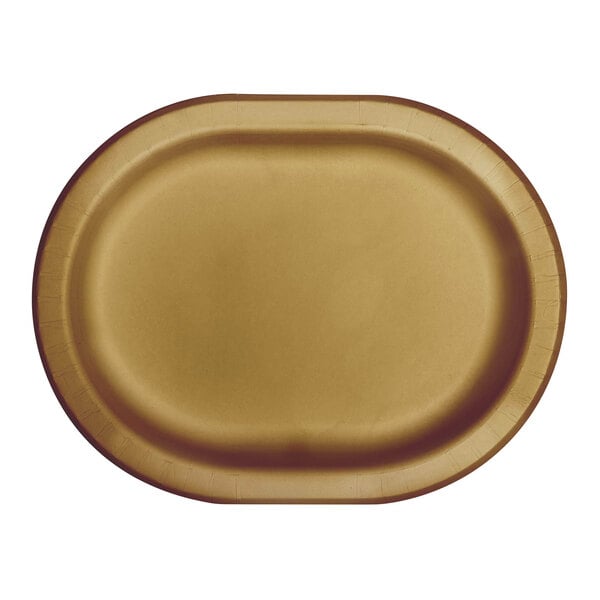 A close-up of a Creative Converting Glittering Gold oval paper platter with a white background and brown edge.