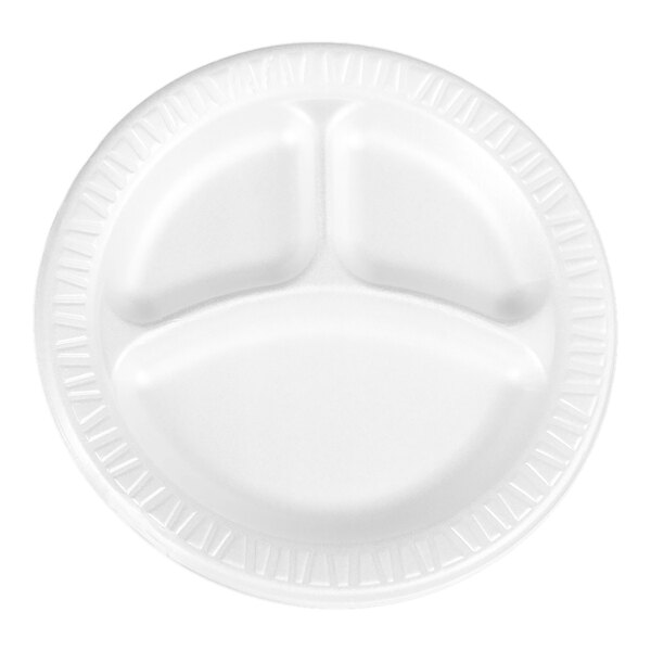 A round white foam plate with three compartments.