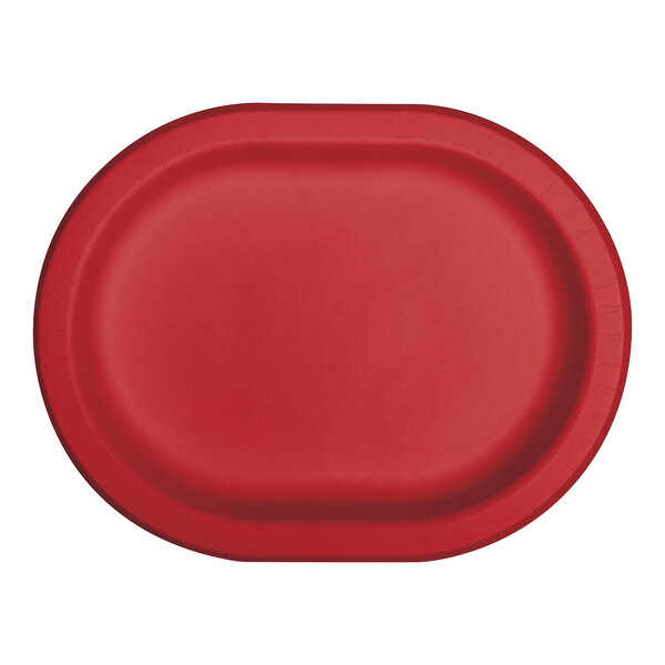 A red oval Creative Converting paper platter on a white background.