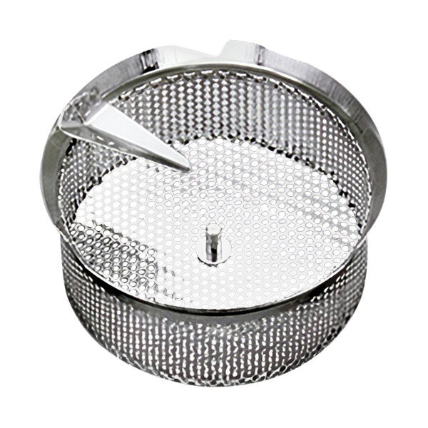 A stainless steel electric food mill with a 4 mm perforated grid and a stand.