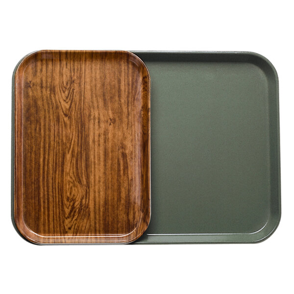 A Cambro fiberglass tray with Java teak wood grain inserts.