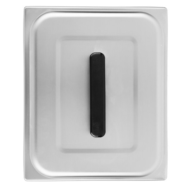 A black rectangular object with a metal surface and a white background.