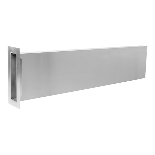 A long, rectangular stainless steel vent duct with a recessed handle on one end.