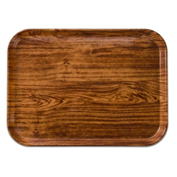 A rectangular Cambro Java Teak fiberglass tray with a dark wood finish.