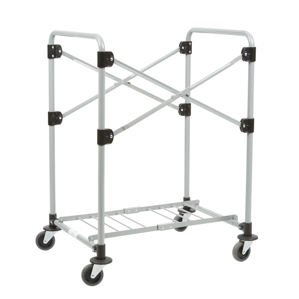 A Rubbermaid metal laundry cart with wheels.