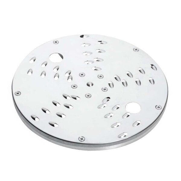 A stainless steel circular disc with holes.