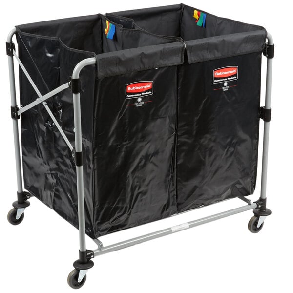 A black Rubbermaid laundry cart with wheels.