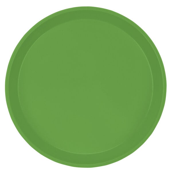 A close-up of a green Cambro tray with a white background.