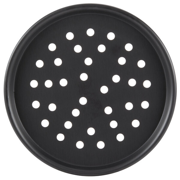 An American Metalcraft hard coat anodized aluminum pizza pan with holes in it.
