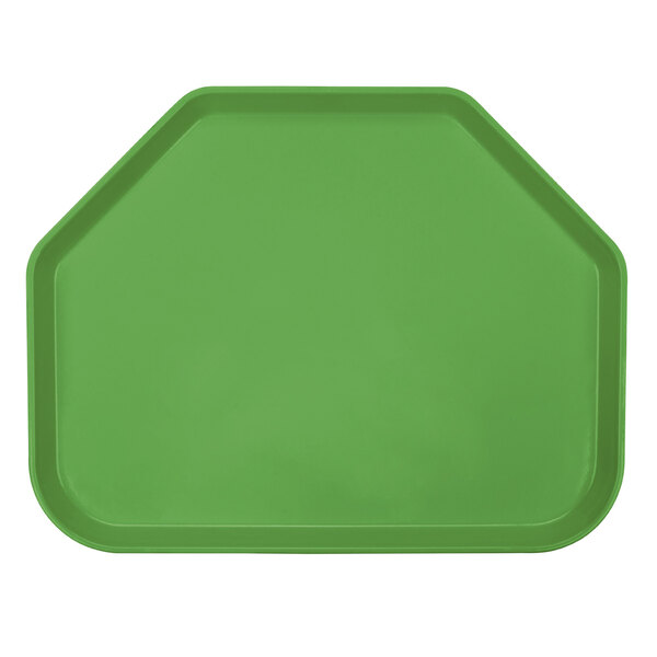 A lime green trapezoid shaped Cambro tray.