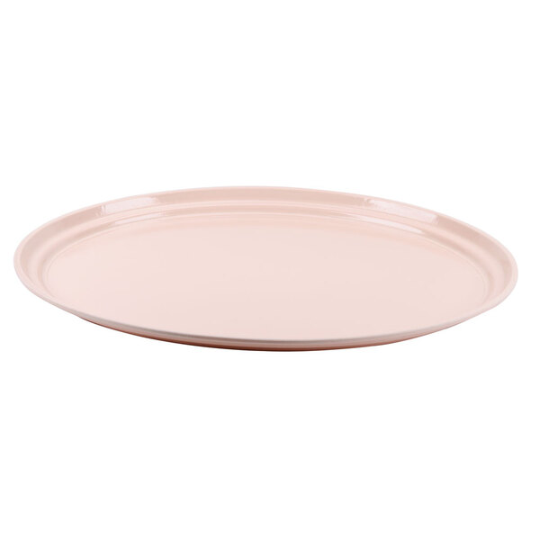 A white fiberglass oval tray with a pink rim.