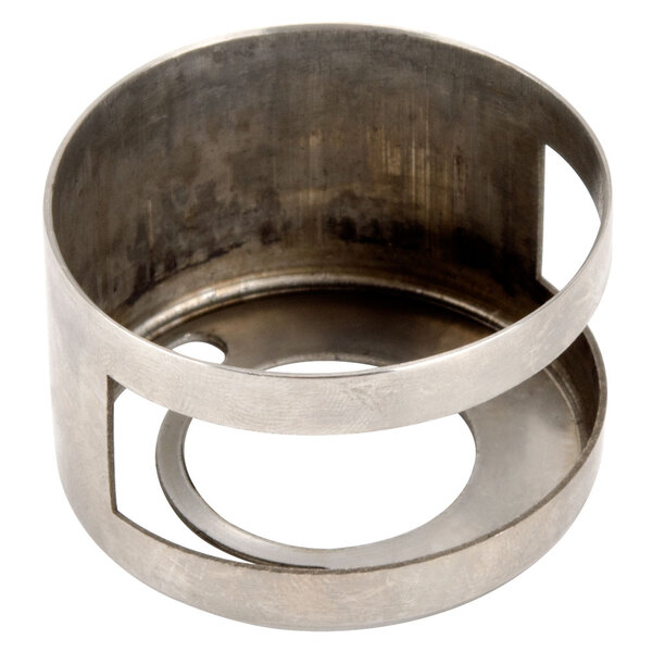 A metal air shutter with a circular hole in it.