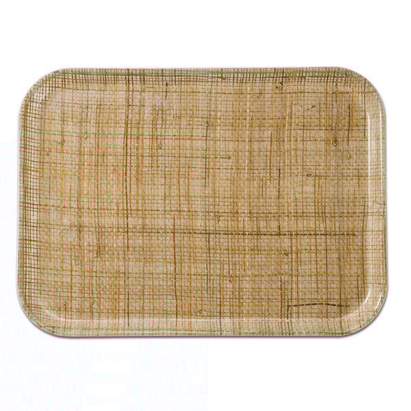 A rectangular Cambro fiberglass tray with a woven rattan pattern.