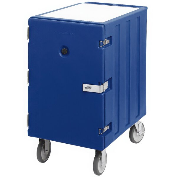 A navy blue plastic Cambro mobile cart for sheet pans and trays with wheels.