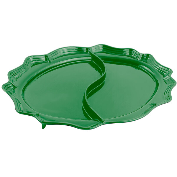 A green plate with a green handle.